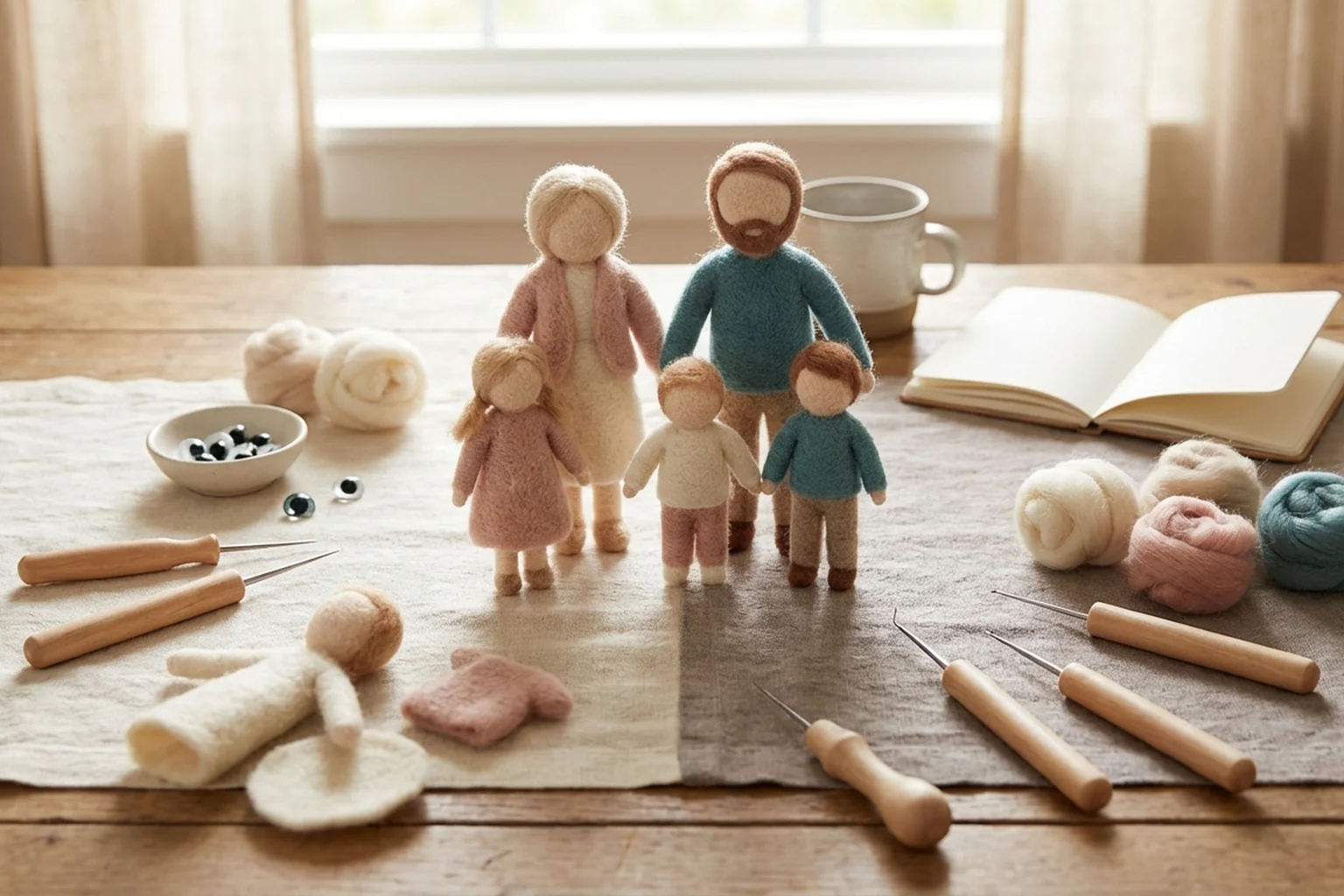 Course intro scene with finished felt family dolls and tools on a styled tabletop