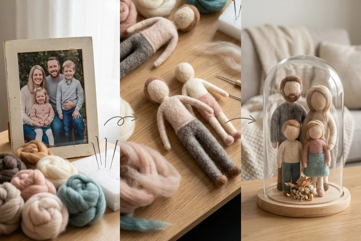 Transformation hero: reference photo and materials evolving into finished felt doll family keepsake