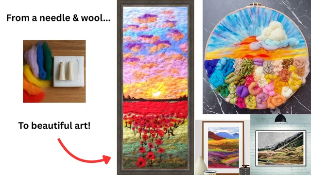 A finished felted wool landscape picture from the Felt Landscape Masterclass