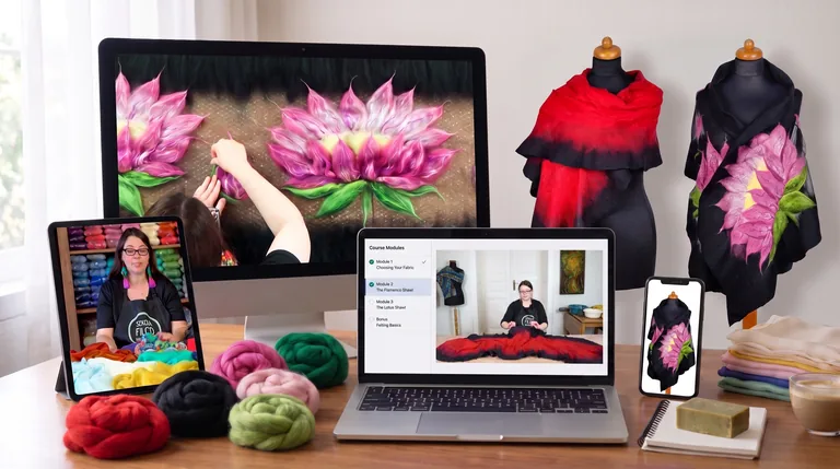 The Silk Felt Shawl Class shown on a monitor, laptop, tablet and phone, next to the two finished shawls on dress forms and braids of merino wool on a desk